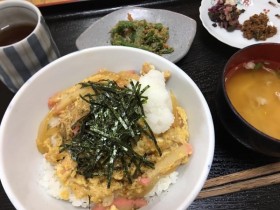 2017.7.22本日のお昼ごはんは、木の葉丼(さっぱり大根おろし添え)三度豆のごま和え(大原の採れたて三度豆)お味噌汁、漬物です。